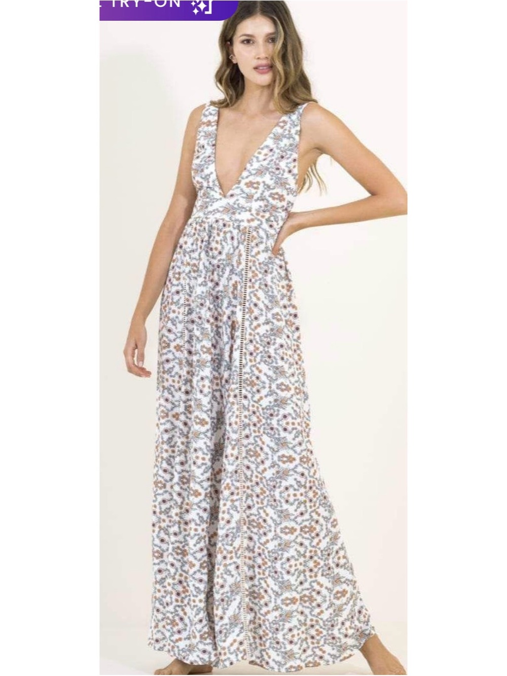 Plunging V-Neck Floral Maxi Dress in White and Tan